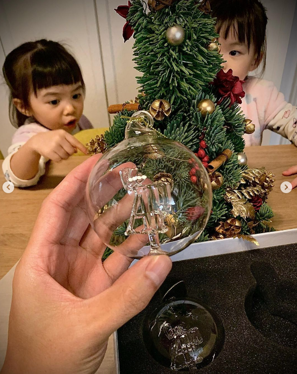熊黛林老公陪女兒提前過聖誕，雙胞胎姐妹紮馬尾出鏡，越長越可愛