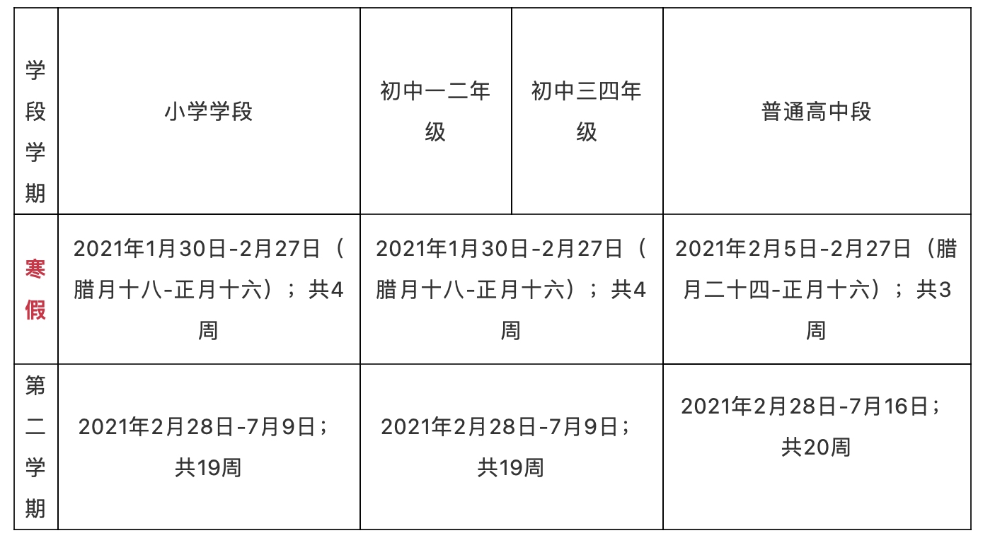 山東7市公布中小學(xué)寒假時間