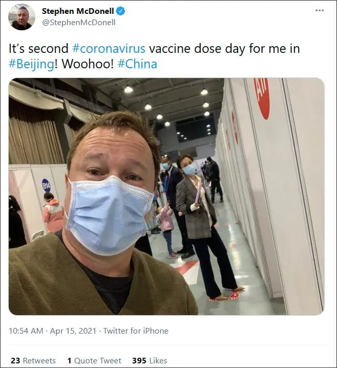 BBC驻华记者打中国疫苗后立即出现“副作用”:连发数推兴奋晒照