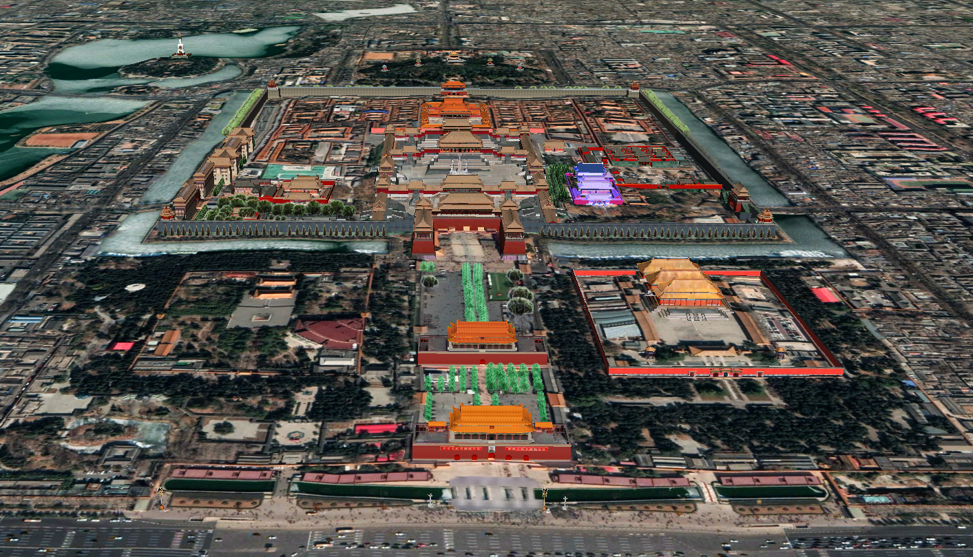 北京故宫全景3d鸟瞰,从南向北.