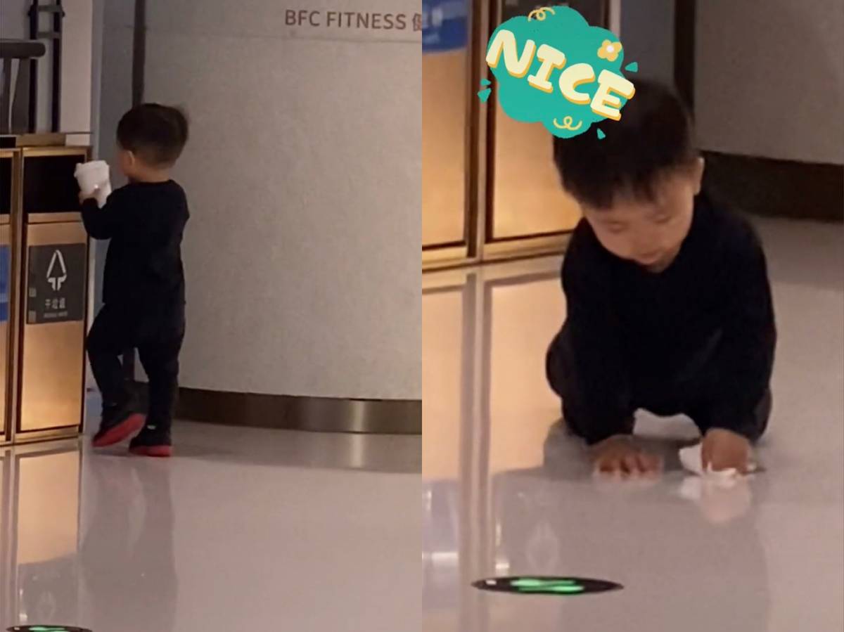 蔡少芬教兒子丟垃圾，小傢伙跪地擦地板超可愛，星二代一點不嬌氣