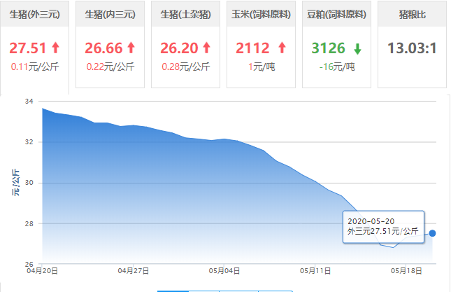 2020.05.20全国猪价上涨，内含玉米，豆粕价格