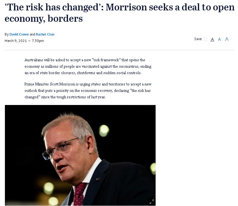 澳大利亞總理莫里森尋求經濟復甦要結束國家邊境的封鎖？