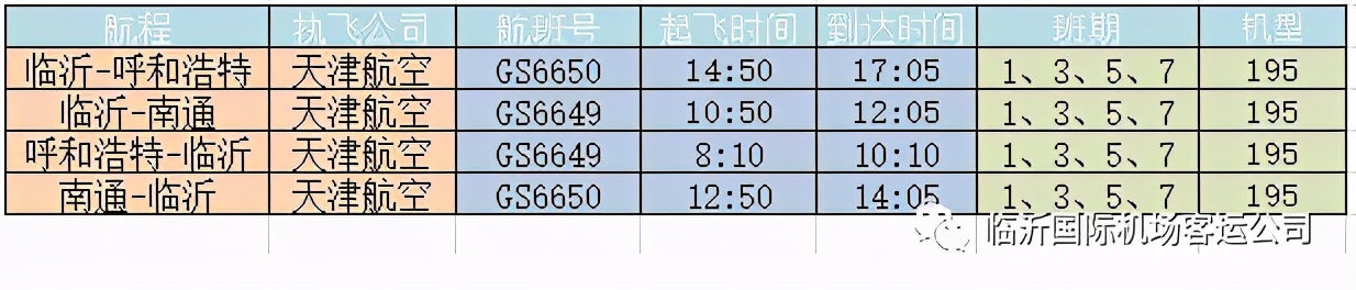 临沂机场将恢复至呼和浩特、南通航线