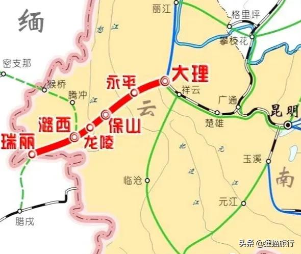 大瑞鐵路線路圖,從大理經過漾濞,保山,芒市,畹町,到達瑞麗