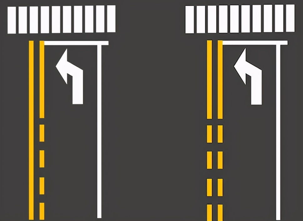 左转车道边线是黄色虚实线及双黄虚线,在虚线处是可以直接进行掉头的