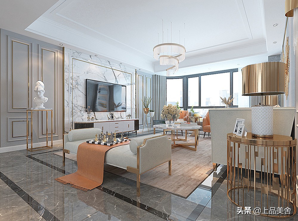 170平米美式轻奢风格，客厅配上爱马仕橙的家具，瞬间提升层次感