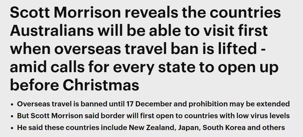 澳总理：将向“安全的地方”开放国境，包括日本和韩国，但没中国