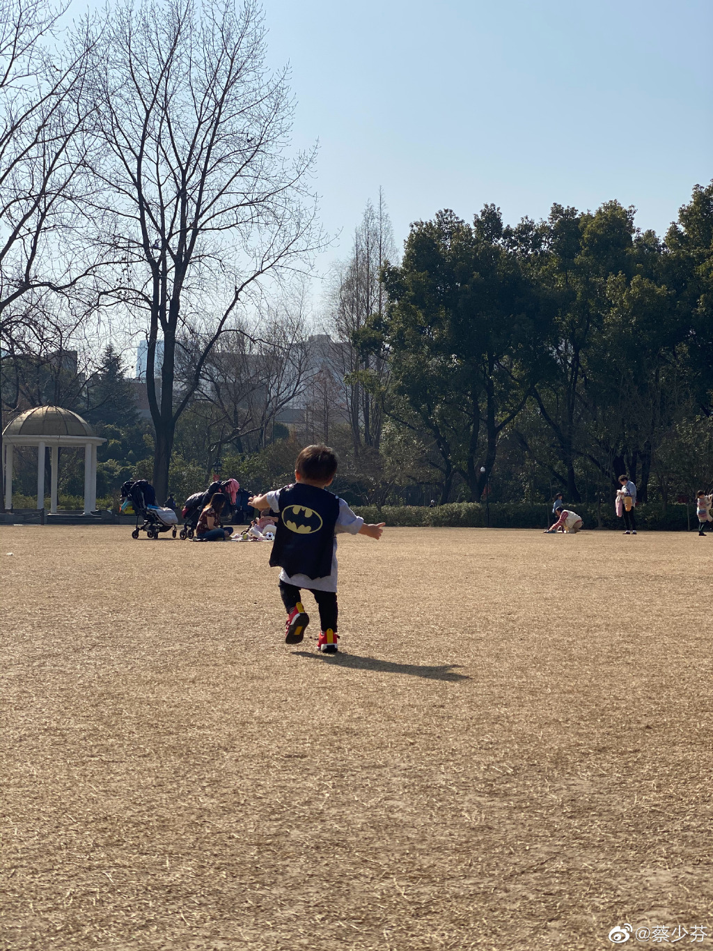 蔡少芬帶兒子逛公園，1歲魚蛋穿短袖滿場跑，孩子多卻不戴口罩