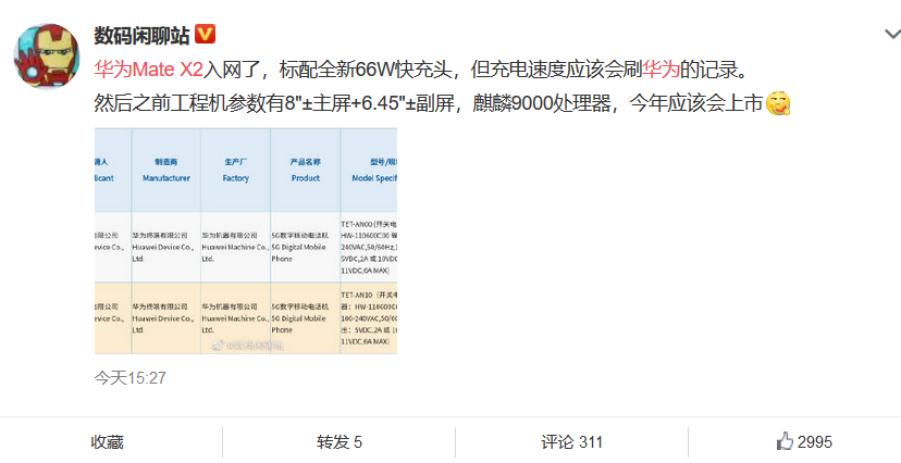 华为 Mate X2入网！采用内折方案，搭载麒麟9000