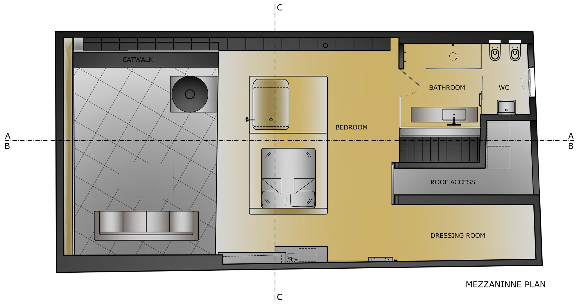 单身汉的顶层LOFT，超强收纳系统+中央悬吊壁炉+悬空楼梯+水泥床