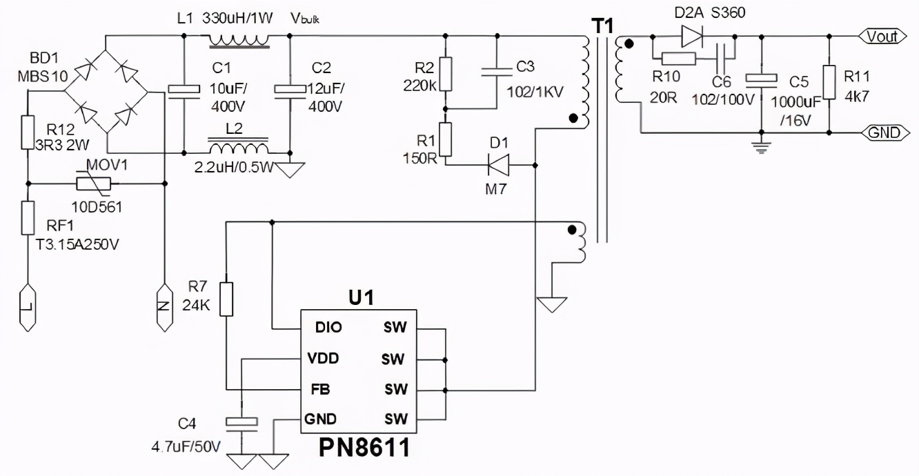 無Y無共模，僅需2顆芯片外圍的12V1A適配器方案