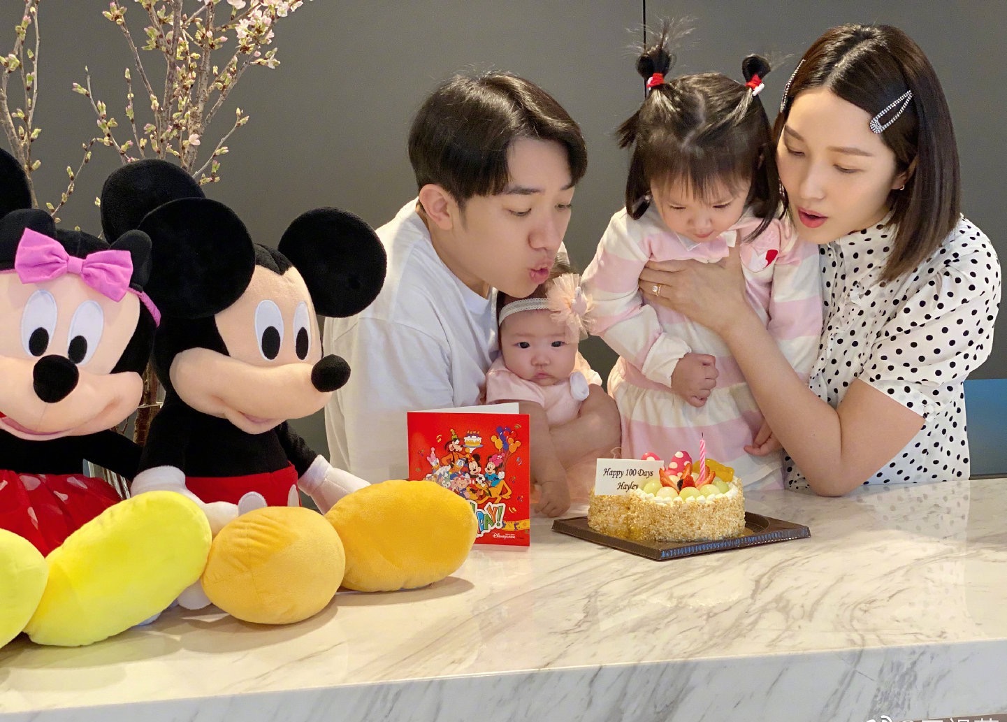 王祖蓝晒一家四口照为小女儿庆百日，大女儿假