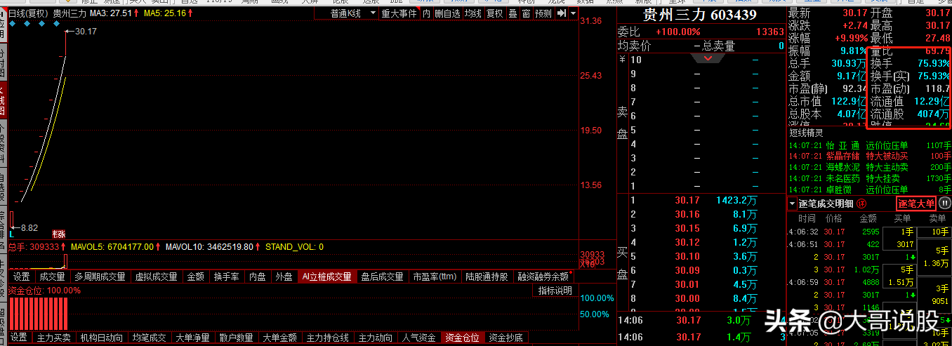 换手75.44%，开板次新高换手涨停，603439T字回封