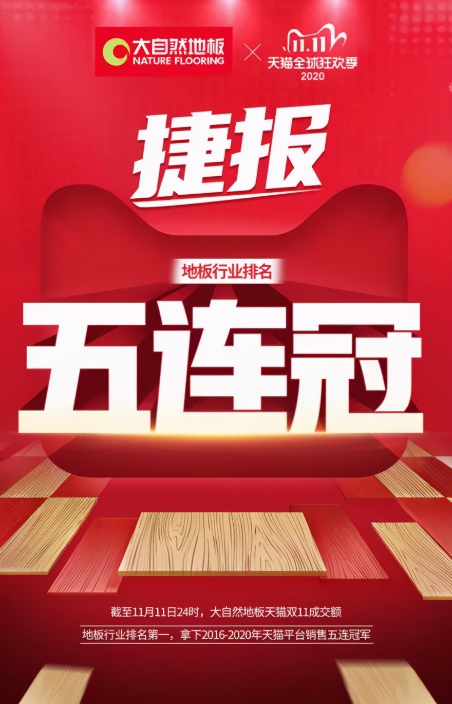 成交额地板行业第一，大自然地板天猫双11夺下销售五连冠