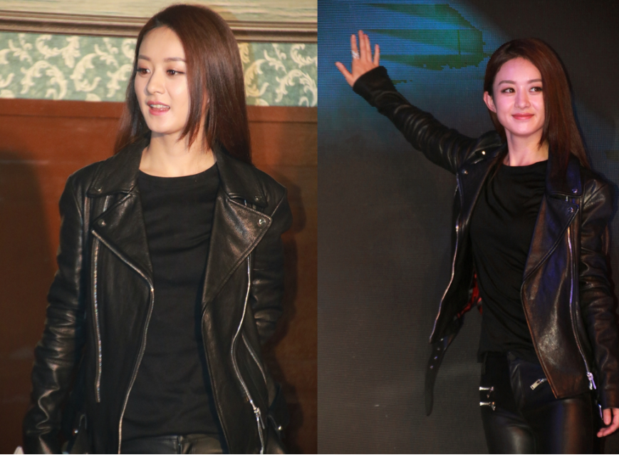 赵丽颖气质好乖巧，穿帅气的短皮裙，看起来还