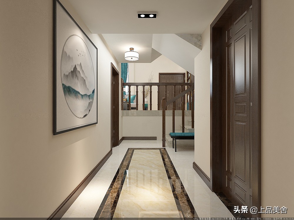 350平新中式风格，挑高客厅沙发背景墙用大理石，彰显豪宅气质