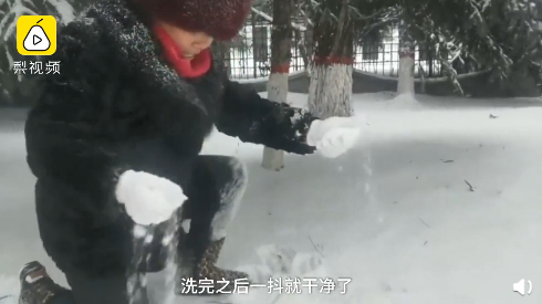 东北大妈用雪洗貂皮大衣 网友：学到了！现在就缺雪和貂了！