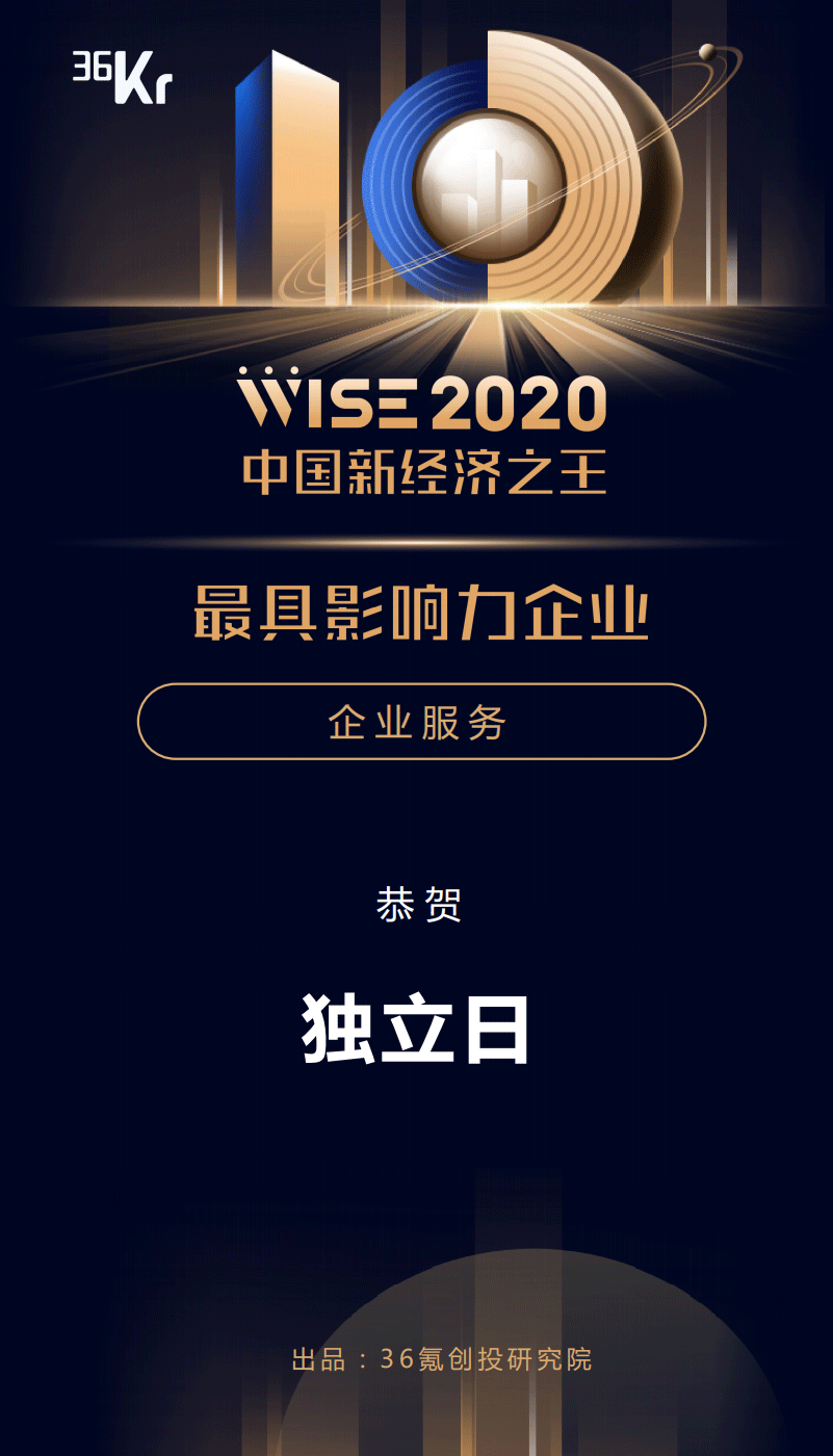 ＂独立日＂入选36氪＂WISE2020最具影响力企业＂榜单