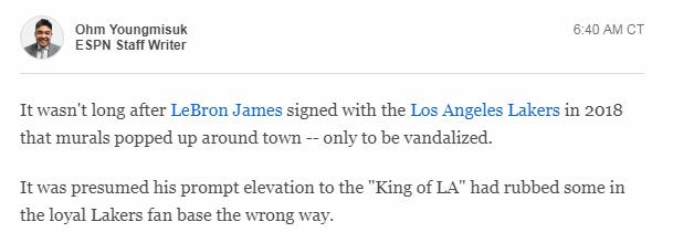 詹皇自曝曾不被湖人球迷接受！洛杉磯之王壁畫被毀，用冠軍征服？