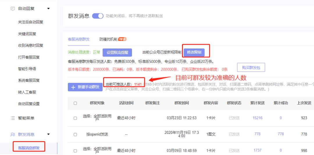 客服消息活跃表群发人数更精确了
