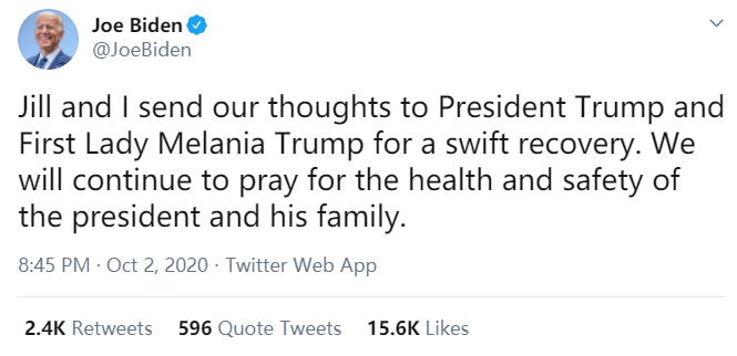 拜登：将为特朗普及其家人的健康和安全祈祷