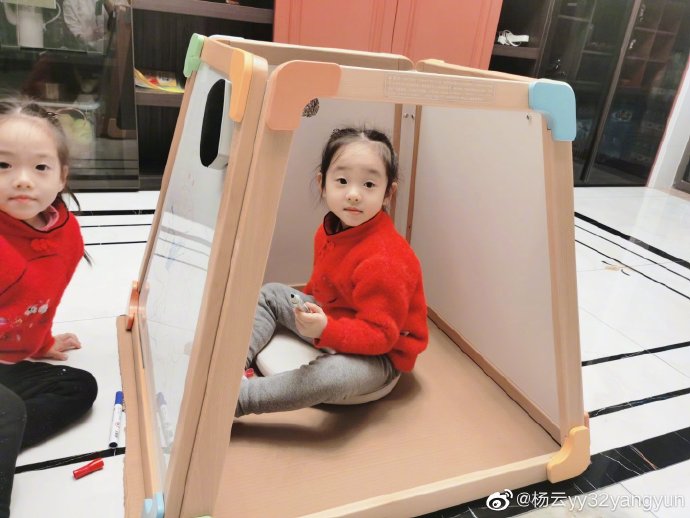 杨威带双胞胎女儿做手工，父女仨面对面像照镜子，豪宅奢华有品位