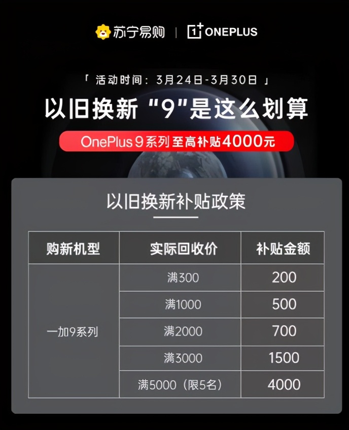 一加9未发布，苏宁易购以旧换新标准就出来了，补贴力度很大