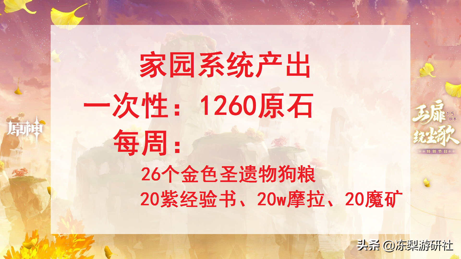 原神：家园系统一共1260原石，每周可兑换26个金色圣遗物狗粮