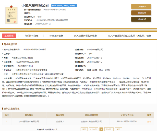 小米汽车注册地落地亦庄！经营范围公示