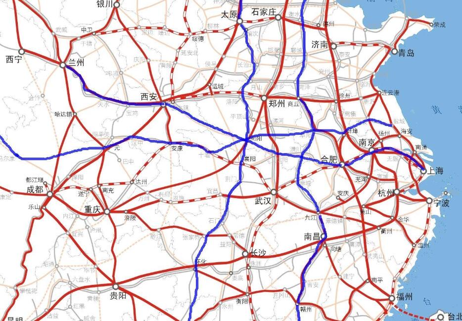中国高速铁路运营线路图2030年：八横八纵重要节点城市交通圈