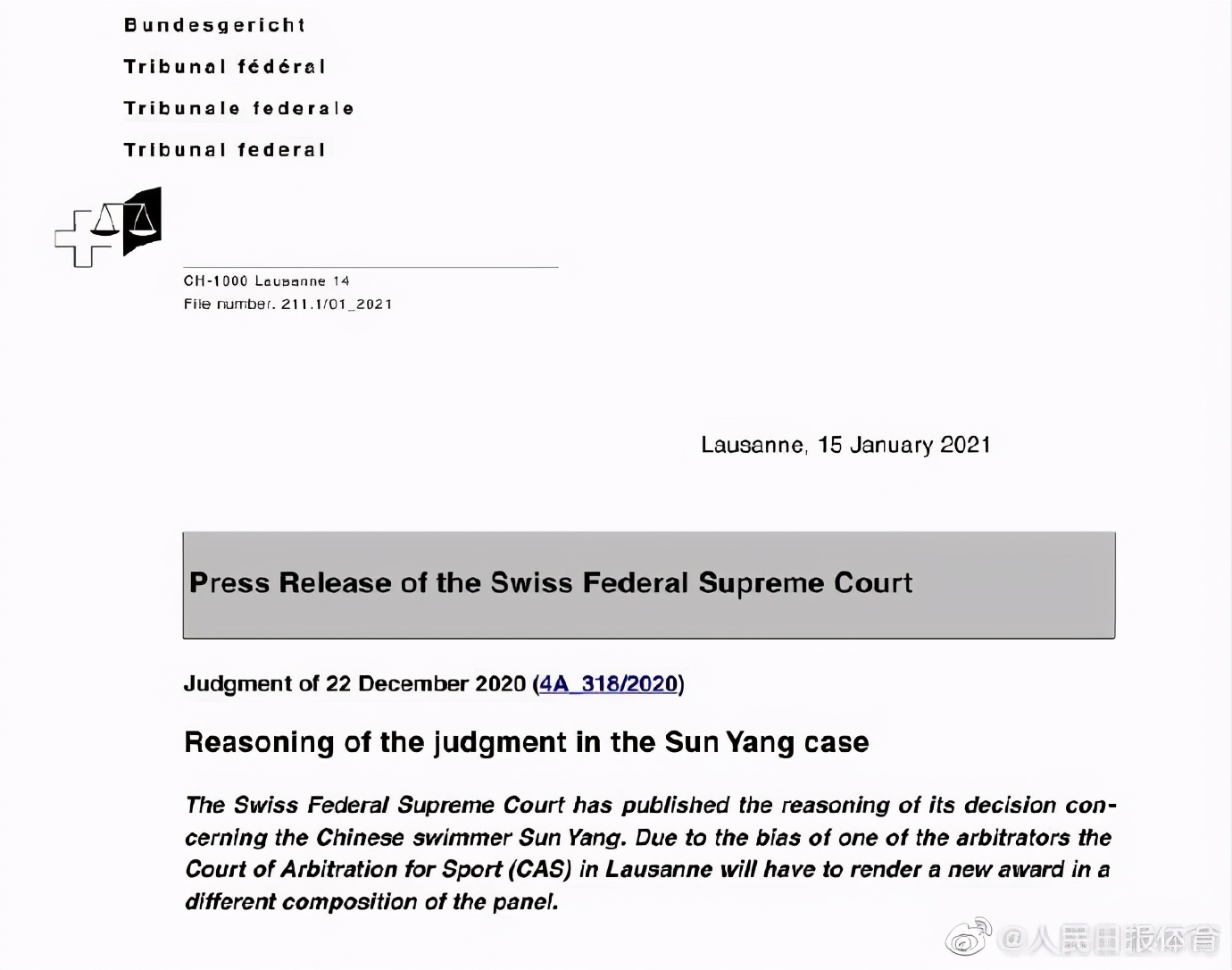 The government announces Sun Yang to ban contest to adjudicate cancel reason: A member that arbitrate is put in bias and discrimination
