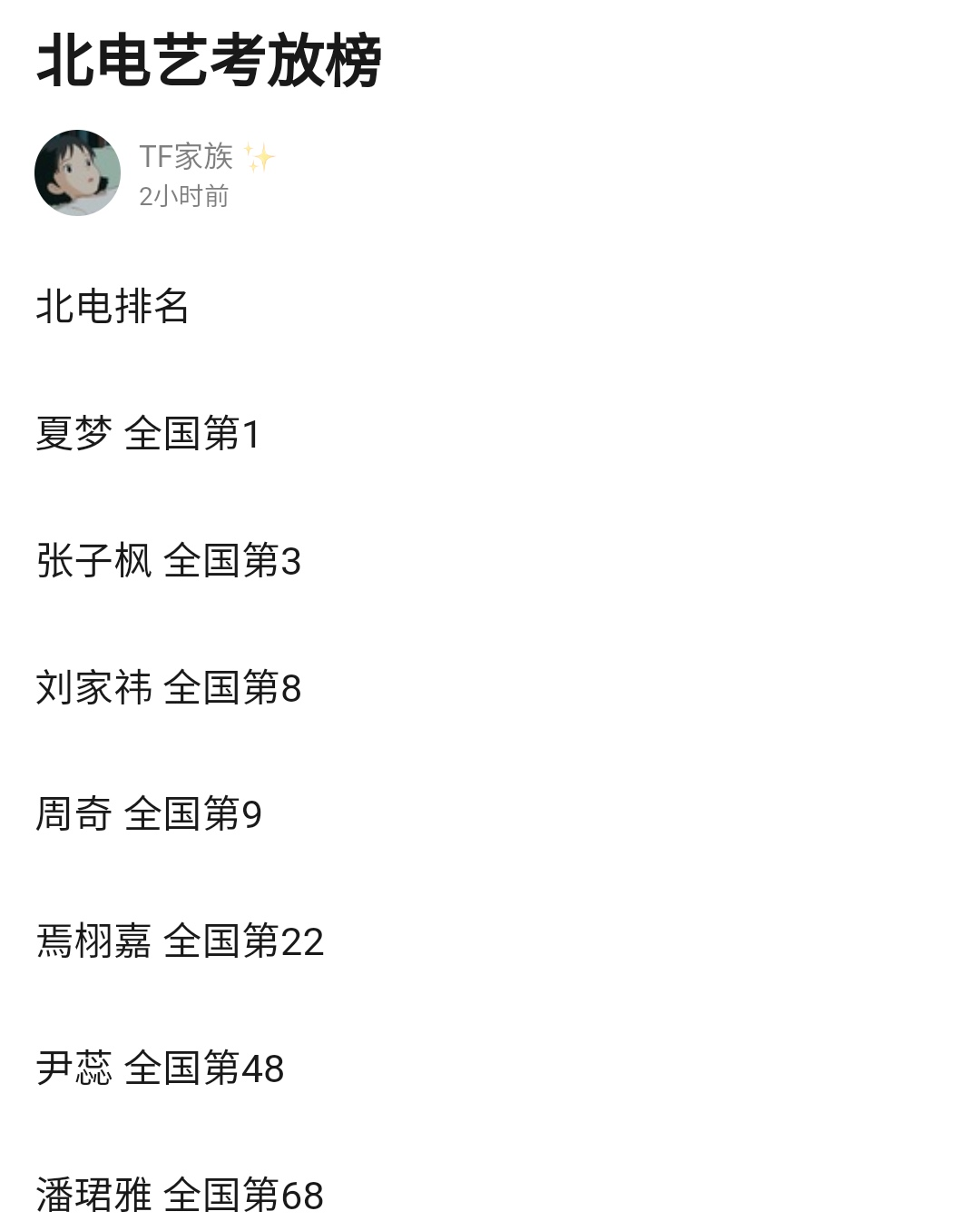 张子枫北电第三，黄磊成最大赢家，网友：一家