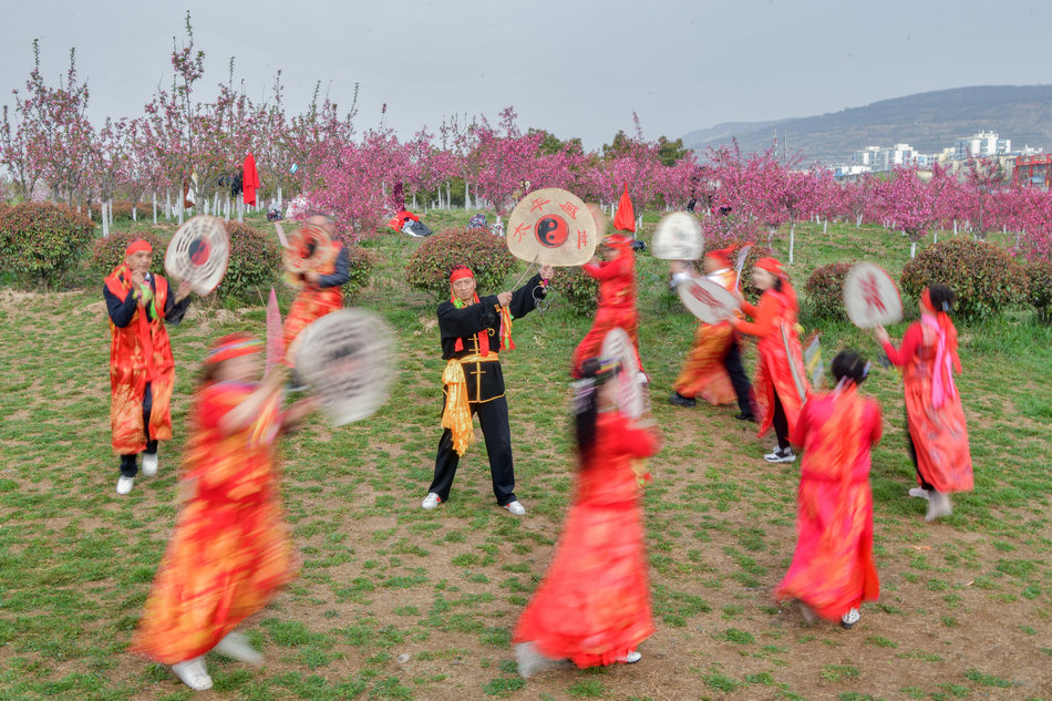 翠湖：桃花灼灼春色美，扇鼓咚咚夕阳红