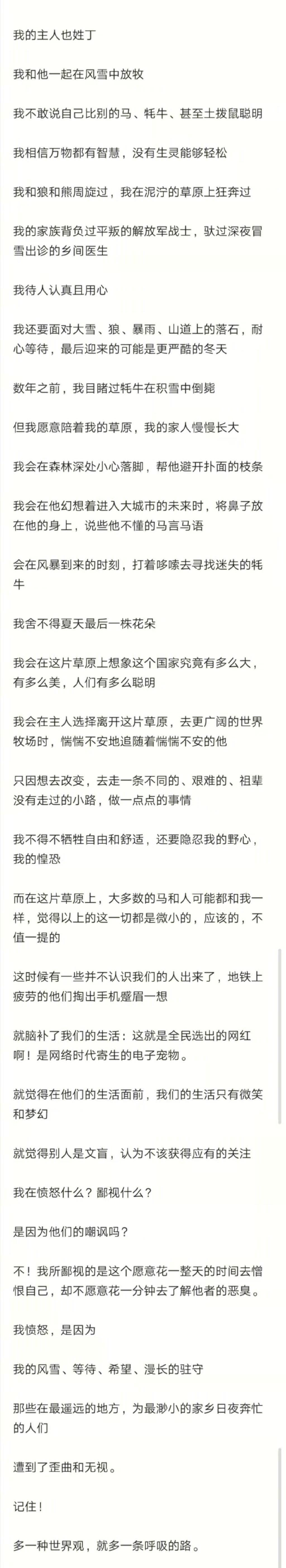 丁真小馬珍珠發長文，稱憤怒是因為渺小的家鄉人遭到了歪曲與無視