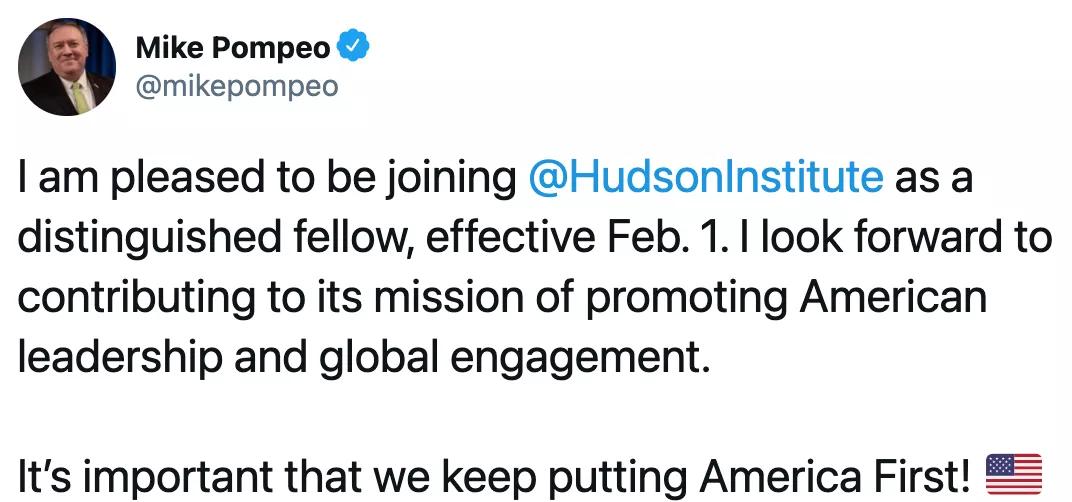 蓬佩奧再就業，繼續黑中國