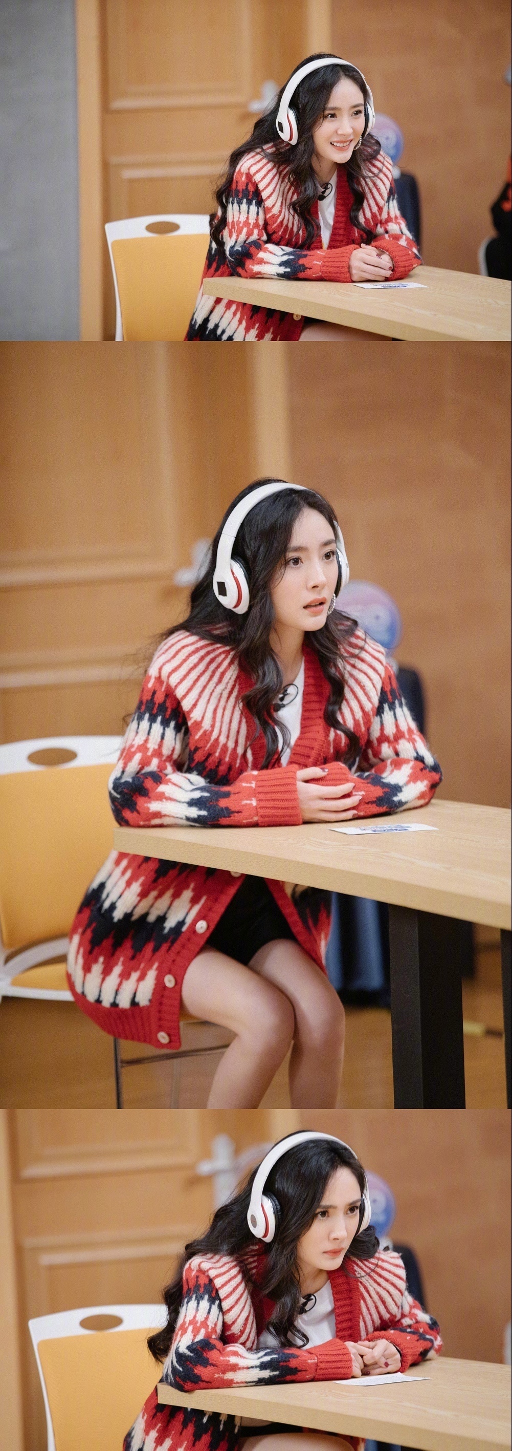 杨幂的冬季穿搭造型真洋气，穿毛衣内搭T恤，结