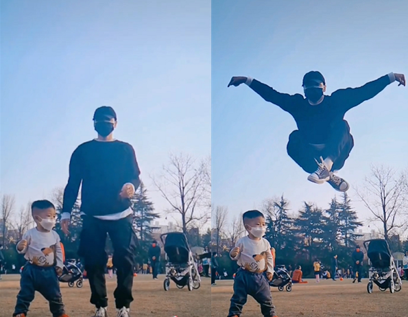 張晉為兒子表演功夫，卻全程被無視，魚蛋褲子歪扭學老爸習武站姿