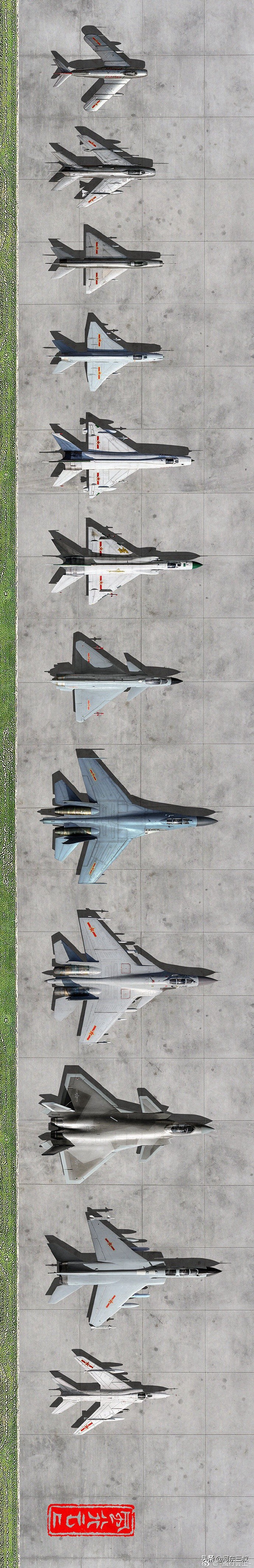 空军全家福，跨越71年，从歼-5到歼-20祖孙四代（