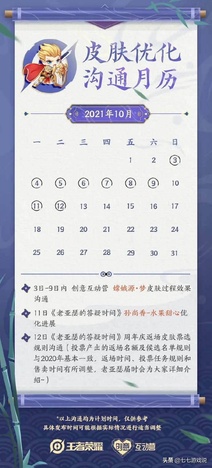 王者荣耀十月优化日历公布，嫦娥皮肤特效曝光，返场规则变动