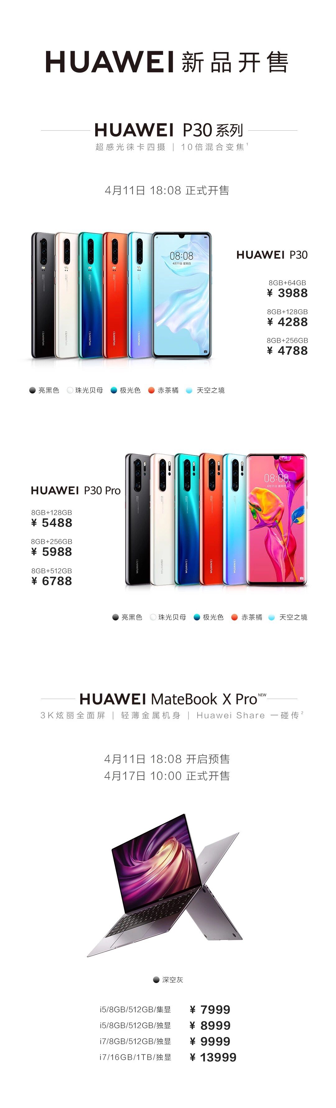 华为公司P30/P30 Pro中国发行价钱发布：3988/5488元起！