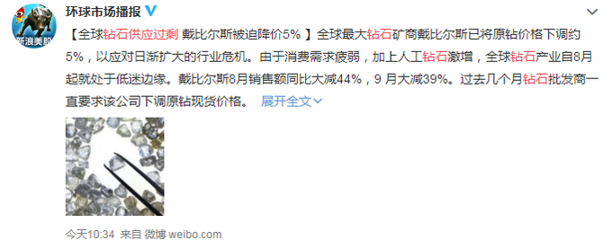 全球钻石供应过剩，买家手上库存太多，戴比尔斯被迫降价5%