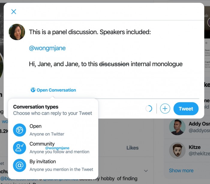 推特测试新功能：用户推文可不让陌生人看到和评论
