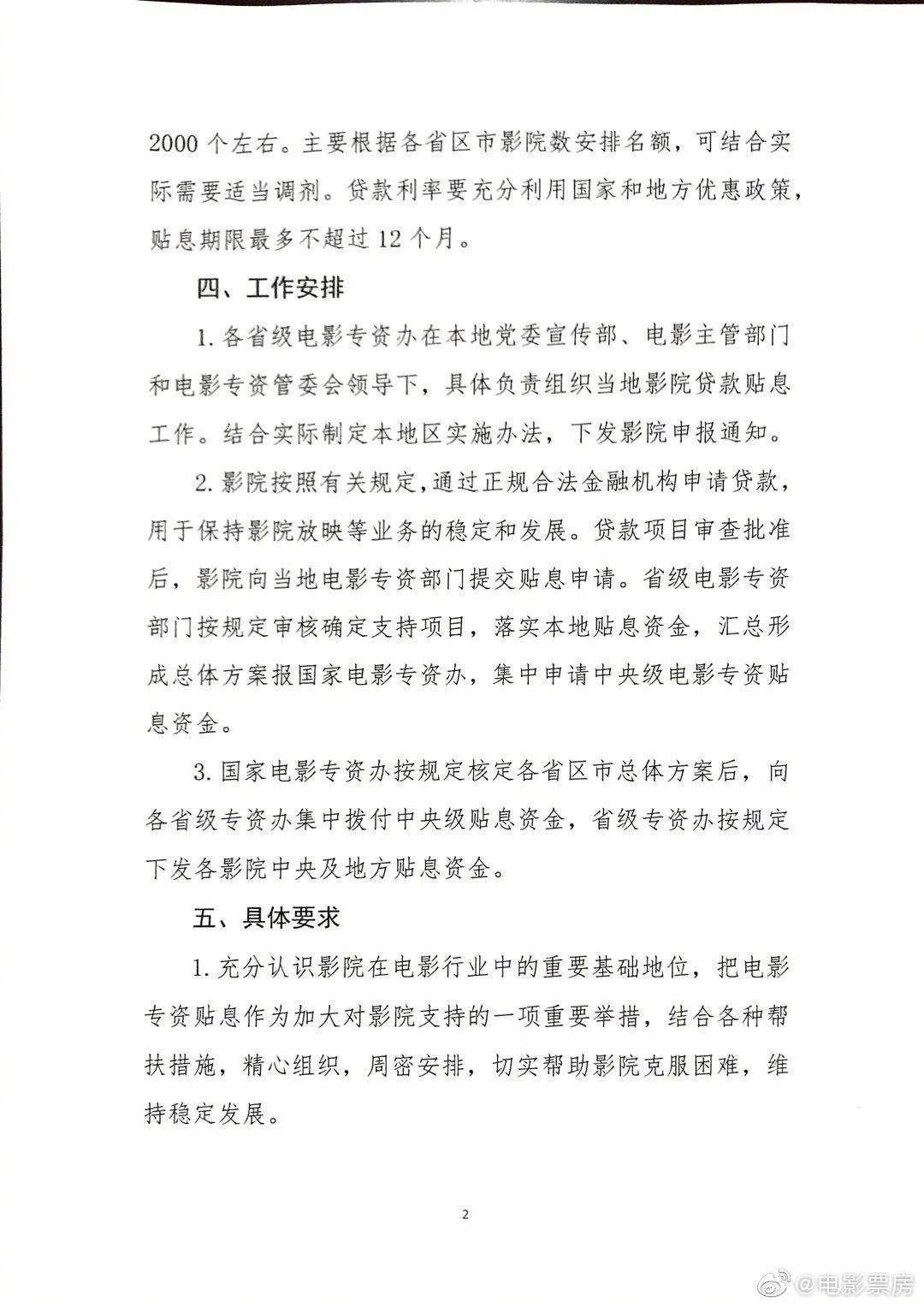 专资办：对全国3000左右困难影院贷款进行贴息（附影院名额分配表）