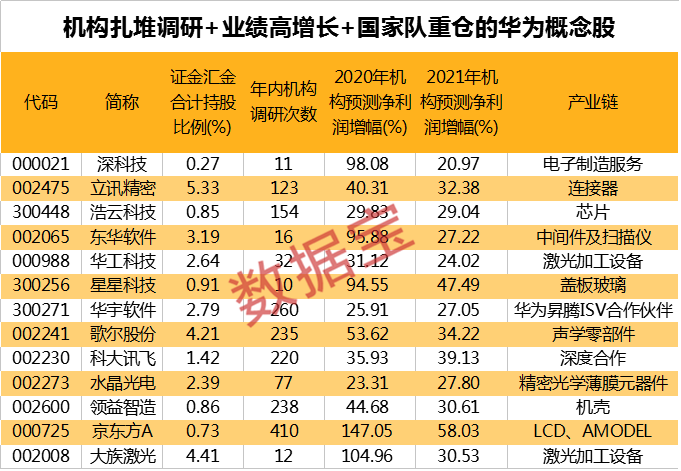 证金汇金重仓+业绩高增长的华为概念股，仅13只