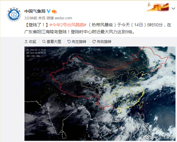 台风鹦鹉14日8时50分在广东省阳江海陵岛登陆
