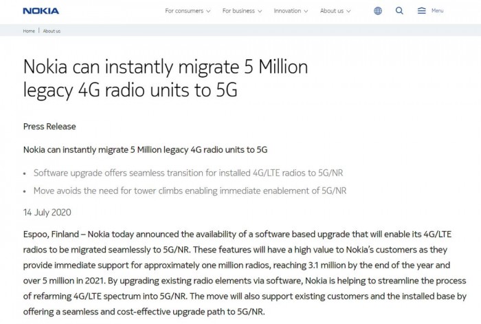 Nokia：五百万个4G基站可根据手机软件方法升級至5G互联网