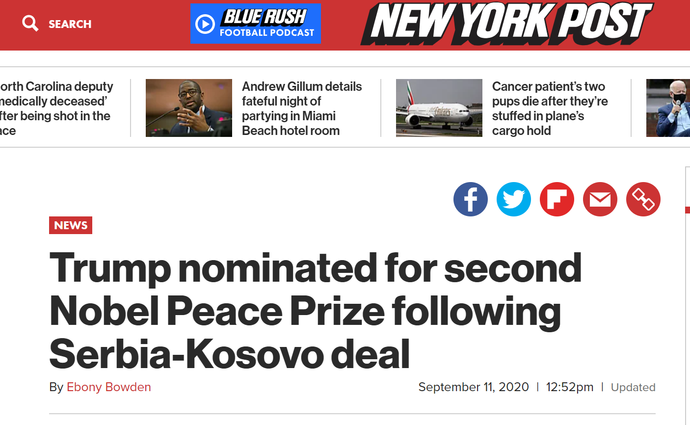 因调解塞尔维亚与科索沃协议，特朗普获今年第二个诺贝尔和平奖提名
