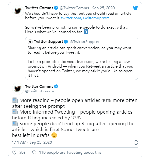 Twitter计划为所有用户带来“转发前阅读”的提示
