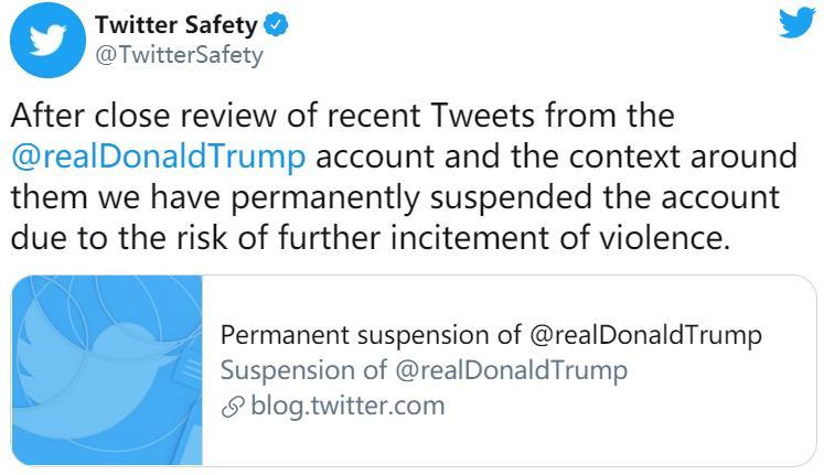 推特宣布永久停用美国总统特朗普个人账号